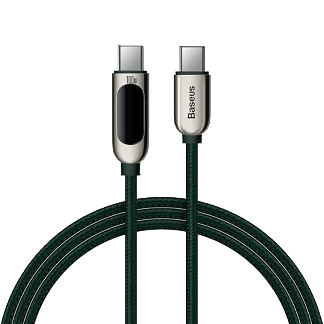 بيسوس-كيبل مع شاشة ديجتال 100 واط تايب سي 1متر اخضر