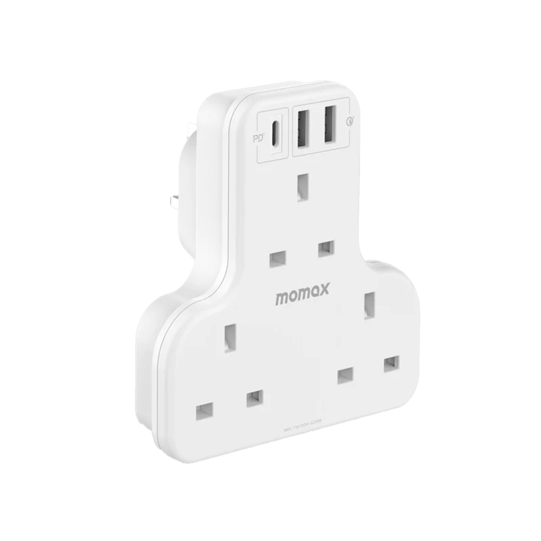 موماكس-بلك تمديد ثلاثة منافذ مع منفذ تايب سي و 2 USB ابيض