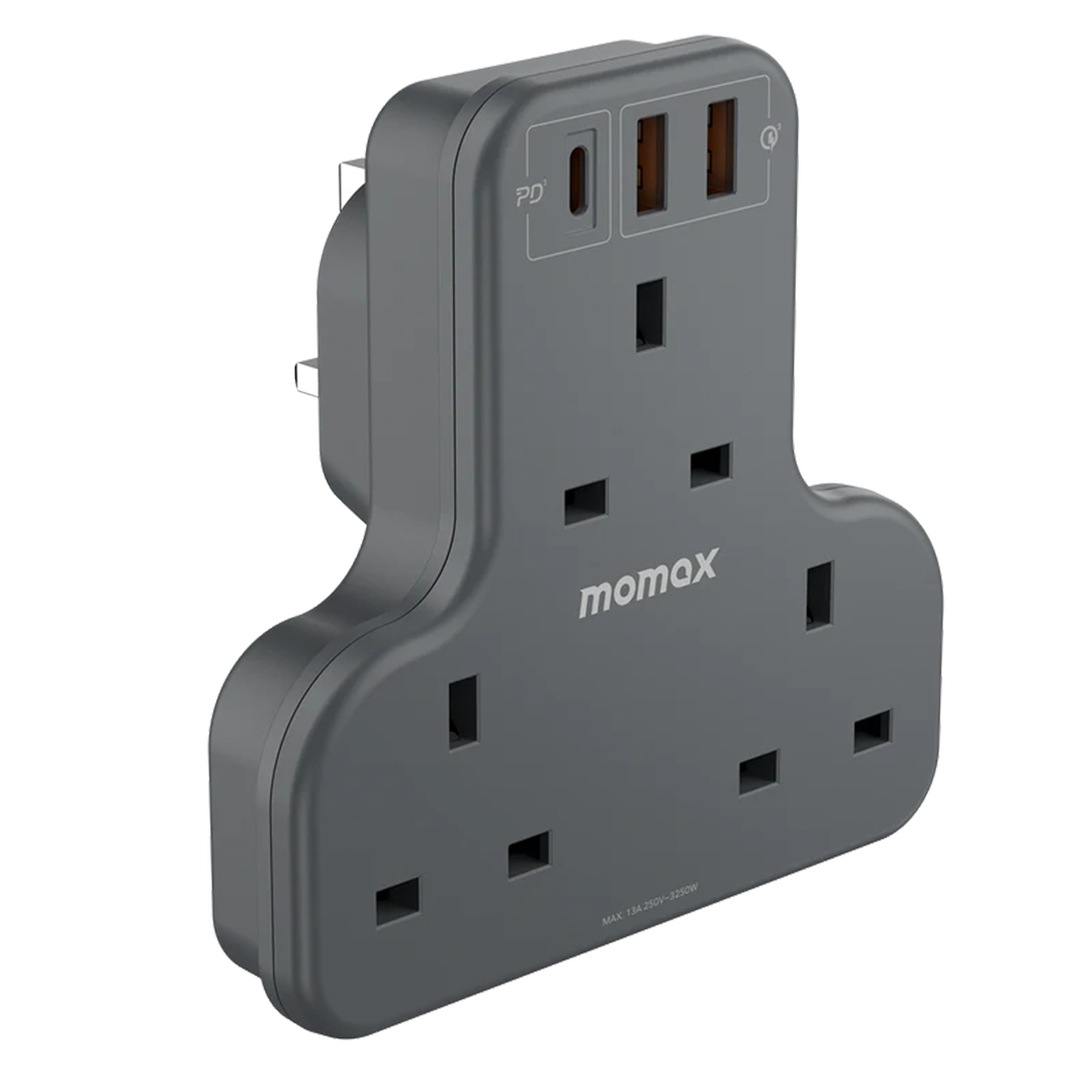 موماكس-بلك تمديد مربع ثلاثة منافذ مع منفذ تايب سي و 2 USB اسود